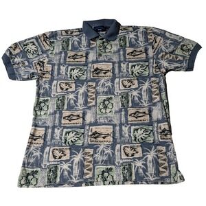 BISCAYNE BAY Men Medium Blue  Floral Fish Palm Tree‎ AOP Hawaiian Polo Shirt